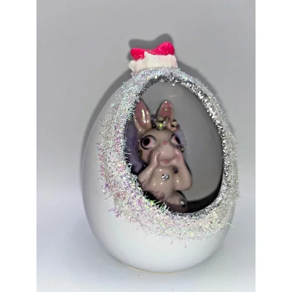 Vintage Ceramic Diorama Egg Pink Rhinestone Bunny Deb O. Original Designs OOAK - Picture 5 of 16